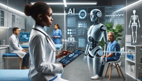 A doctor interacts with a digital tablet displaying medical data, while a holographic AI robot and various medical charts are projected in the air. Two patients and another medical professional are in the background within a modern, high-tech medical facility.