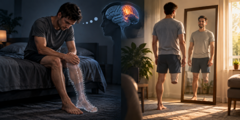 A man with a leg amputation sits on a bed imagining his missing leg and brain activity, then stands on one leg looking at himself in a mirror in a bright room.