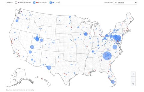 Map of the U.S. showing blue and red circles indicating imported and local measles cases, respectively, by location. Circle sizes vary, with larger clusters in the Northeast, Midwest, and Pacific Coast.