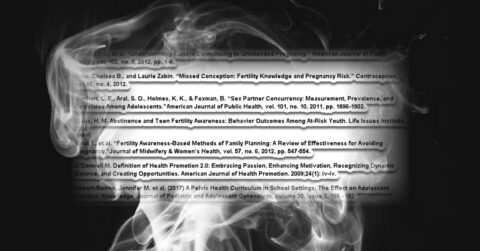 A smoky background overlays a list of academic article titles and citations related to sexual health, contraception, and adolescent behavior, displayed in horizontal strips across the image.