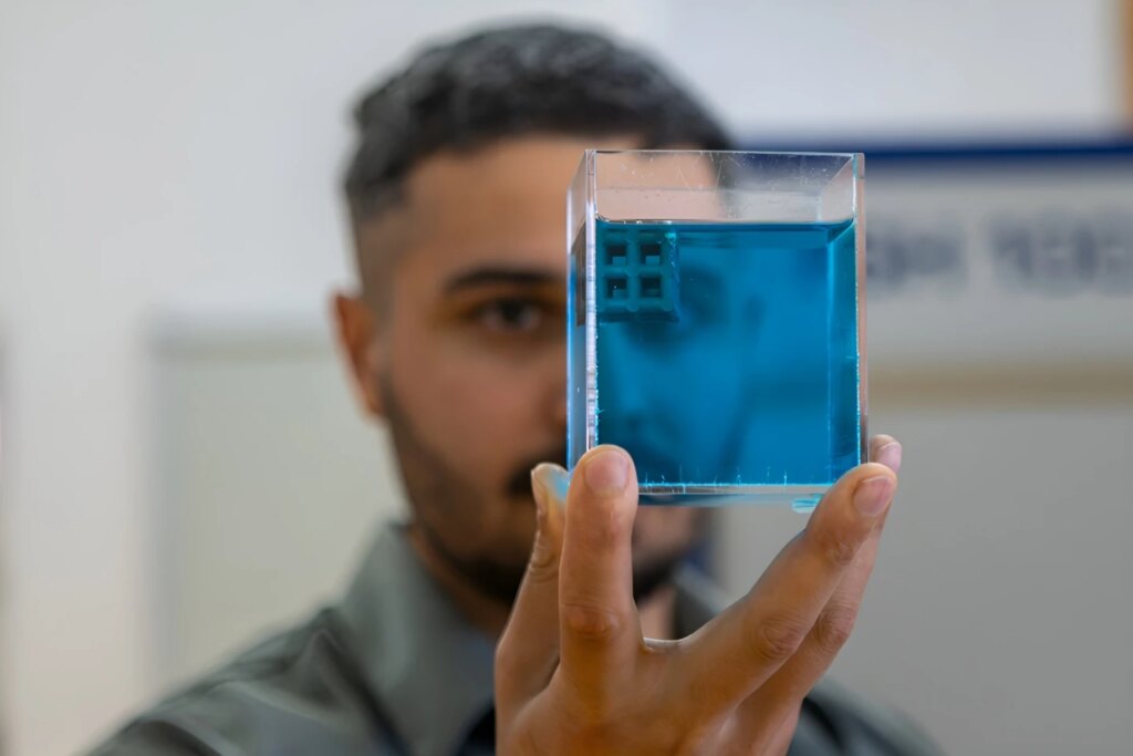 Dr. Jordan Noronha holding a sample of the floating titanium