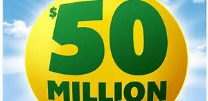 A large yellow circle with green text reads “$50 MILLION” against a blue sky with clouds.