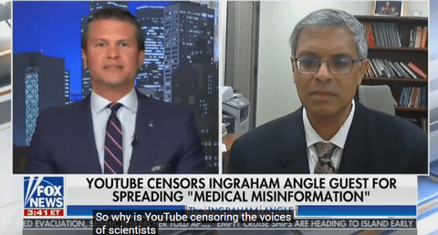Two men are shown during a Fox News segment discussing YouTube censoring medical misinformation; text on screen highlights the topic and a news ticker runs at the bottom.