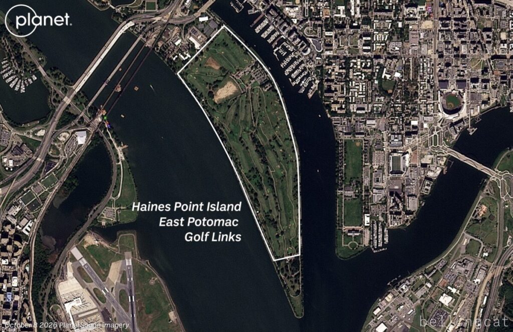 A satellite image from Planet Labs PBC shows the East Potomac Golf Links on October 8.