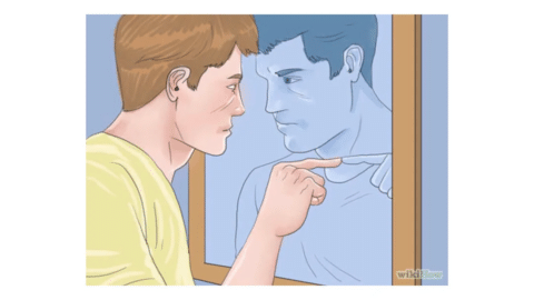 An illustrated man touches a mirror, looking at his reflection, which points back at him. Both appear serious and focused.