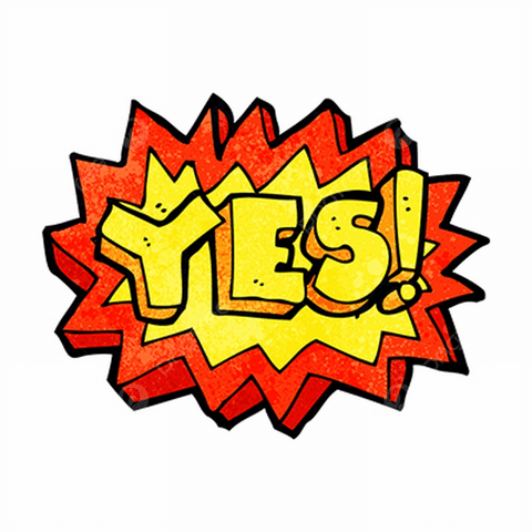 Comic-style speech bubble containing the word “YES!” in yellow block letters against a red and orange jagged background.