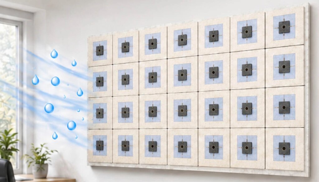 Concept graphic of paper tiles pulling moisture from a room